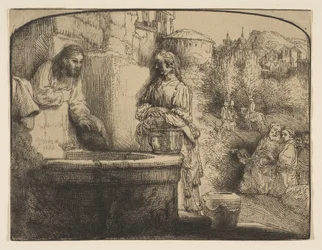 キリストとサマリアの女：アーチ型の版画、1658年。
