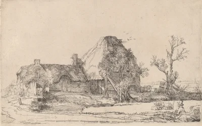 スケッチをしている男性がいるコテージと農場の建物、c。 1645年。