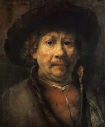 レンブラント・ファン・レイン（1606-1669）の「Petit autoportrait - Small Self-Portrait」。木に油彩、1657年頃。寸法：48x40,6cm美術史博物館、ヴィエンヌ