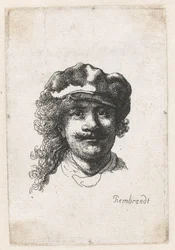 ソフトキャップをかぶった自画像：フルフェイス、ヘッドのみ、c。 1635年。