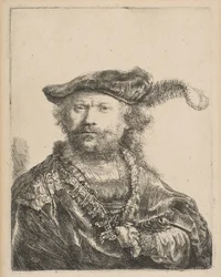 プルーム付きベルベットキャップの自画像、1638年。