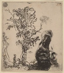 2つの習作が描かれた下絵：木、およびベルベットの帽子をかぶった画家の頭部の上半身