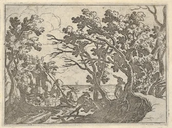 陸上の漁師と木の下の男性の見物人、船首の男の風景...、ca。 1620-50。