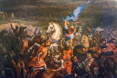 百年戦争: 1450 年 4 月 15 日、トーマス・キリエル (1396-1461) のイギリス軍とジャン・ド・クレルモン (1356 年に死亡) のイギリス軍の間のフォルミニー (カルヴァドス) の戦い - レミー・ユージーン・ジュリアンによる絵画の詳細 ( 1797-1868) - 美術館バロン
