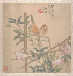 19世紀後半の開花ローズブッシュに腰掛けた2羽の鳥。