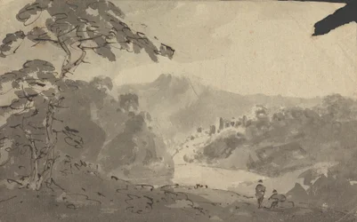 城、川、山の風景を眺める二人の男性