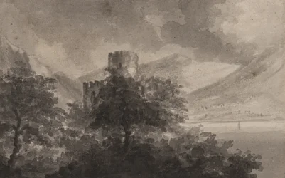 樹木が茂ったレイクランド城：カプリッチョ、1804年（紙にブラシとモノクロのウォッシュ）