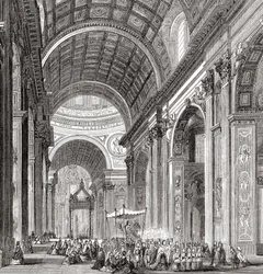 19世紀後半のイタリア、ローマ、バチカン市国のサン・ピエトロ大聖堂内部の行列。1890年頃に出版されたサミュエル・マニング師によるイタリアの写真より。