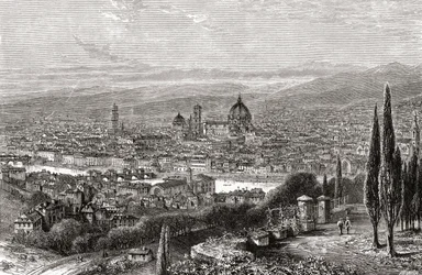 19世紀後半、サン・ミニアートのテラスから見たイタリア、トスカーナ州フィレンツェの風景。1890年頃に出版されたサミュエル・マニング師によるイタリア絵画より。