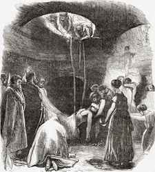 イタリア、ローマのカタコンベにある初期キリスト教の埋葬。1890年頃に出版されたサミュエル・マニング師によるイタリアの写真より。