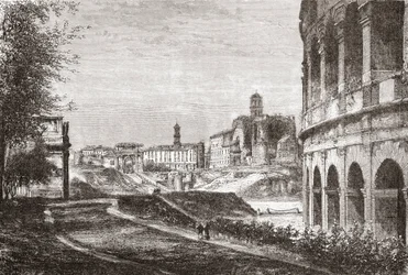 19世紀後半のイタリア、ローマ、セリアの丘からフォーラムへのアプローチ。1890年頃に出版されたサミュエル・マニング師によるイタリアの写真より。