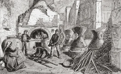 19世紀後半、イタリア、ナポリのポンペイの発掘調査で発見されたパン焼き窯、パン工場、製粉工場。1890年頃に出版されたサミュエル・マニング師によるイタリアの写真より。