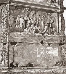イタリア、ローマのフォロ・ロマーノ、サクラ通り、ティトゥスのアーチにある、凱旋行進を示す南側パネル「戦利品」のバスレリーフ。1890年頃に出版されたサミュエル・マニング師によるイタリア絵画より。