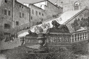 天の祭壇の聖マリア大聖堂に続く階段、19世紀後半のイタリア、ローマ。1890年頃に出版されたサミュエル・マニング師によるイタリアの写真より。