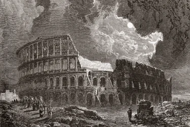 19世紀後半、月明かりに照らされたイタリア、ローマのコロッセオ。1890年頃に出版されたサミュエル・マニング師によるイタリアの写真より。