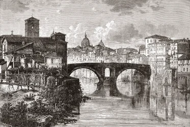 19世紀後半のイタリア、ローマ、ポンス・ファブリキウス（四つ橋）とテヴェレ島。1890年頃に出版されたサミュエル・マニング師によるイタリアの写真より。