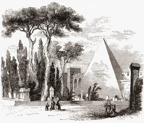 19世紀後半のイタリア、ローマ、プロテスタント墓地とセスティウスのピラミッド。1890年頃に出版されたサミュエル・マニング師によるイタリアの写真より。