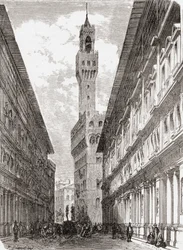 19世紀後半のイタリア、フィレンツェのウフィツィ美術館、ヴェッキオ宮殿、シニョーリア広場の彫像。1890年頃に出版されたサミュエル・マニング師によるイタリアの写真より。