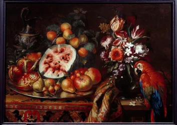 赤いオウムと果物のある静物 パッション フルーツ、梨、桃、アプリコット。 Reynaud Levieux Reynaud (circa 1625-1690) による絵画 17 世紀 マルセイユ、Musee des Beaux Arts