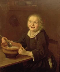 お粥を食べる少年（キャンバスに油彩）