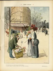 Ricardo Flores (1878-1918)によるイラスト（Le Rire, 25/04/08） - 三重県抜粋 - 建築 都市計画, ファッション, 帽子, 交通, 花, 店舗