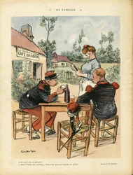 Le Lire』08/08に掲載されたリカルド・フローレス（1878-1918）のイラスト - 家族 - 軍隊、レストラン カフェ、ワイン、アルコール - コーヒーボーイ、ウェイトレス ウェイトレス、兵士