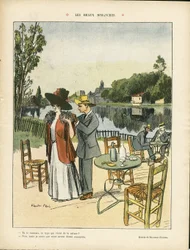 Ricardo Flores (1878-1918) のイラスト、Le Rire, 04/07/08 - 美しい日曜日 - レジャー、自然、植生、建築、都市、レストラン、カフェ、海事、海辺