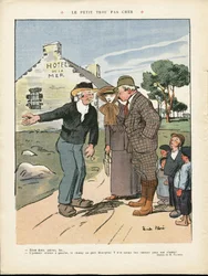 20/07/12付Le Rire紙に掲載されたリカルド・フローレス（1878-1918）のイラスト - 安っぽい小さな穴 - 田舎, ファッション, 海上, 海辺, メンズファッション, 観光客, ホテル