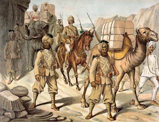1880年代の英国・インド陸軍の野戦用キット、第20ベンガル（パンジャブ）先住民歩兵の護衛（カラーリトグラフ