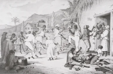 黒人の踊り、『西インド諸島の風景と黒人の性格の挿絵』より、R・ジェニングス印刷