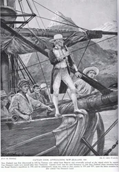 ニュージーランドに近づくキャプテンクック、「ハッチンソンのイギリス国民の物語」、1923年頃のイラスト