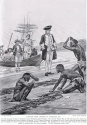 キャプテンクックがタスマニアに上陸、1777年、「ハッチンソンのイギリス国民の物語」、1923年頃のイラスト