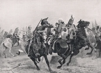 1910年頃、ロンドンのカッセルから出版された「陸と海でのイギリスの戦い」のイラスト、フランスの竜騎士団によるラルフアバクロンビーへの攻撃
