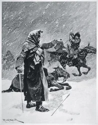 1812年、ロシアから撤退するナポレオン軍を追い詰めるトルコ・バシキールのコサックアーチャーたち（カラーリトグラフ