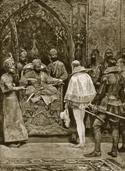 1599年のインドへの初期イギリス大使館、「ハッチンソンのイギリス国民の物語」、1923年頃のイラスト