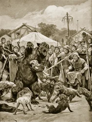 サクソンタイムズでのクマの餌、「ハッチンソンのイギリス国民の物語」、1920年頃のイラスト