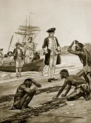 キャプテンクックがタスマニアに上陸、1777年、「ハッチンソンのイギリス国民の物語」、1923年頃のイラスト