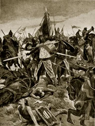 イブシャムのドモンフォールの最後のスタンド、「ハッチンソンのイギリス国民の物語」、1920年頃のイラスト