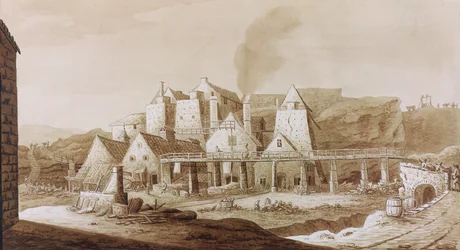 ウィリアム・コックスの「モンマスシャーの歴史ツアー」からのブレナヴォンでの作品、1801年に出版（ペンと茶色のインク、紙のグラファイトに茶色のウォッシュ）