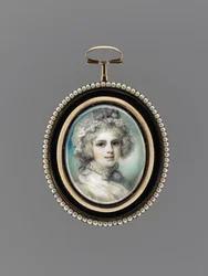 女性の肖像」1785年頃（アイボリーに水彩、9Kローズゴールド、シードパール、エナメル、ガラス
