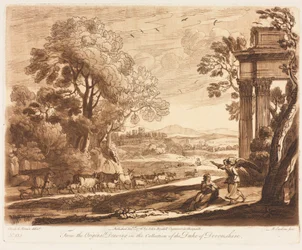 Liber Veritatis：No. 133、A Landscape、with Cowtle、and Angel Comforting Hagar、1776。