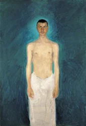 半裸の自画像 - リチャード・ゲルストル (1883-1908) 作、キャンバスに油彩 (159x109 cm)