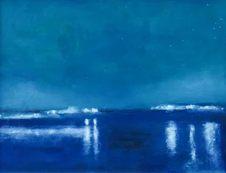 青い夜の水面に映る景色