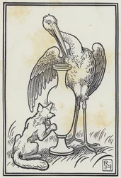 コウノトリとキタキツネ」（版画