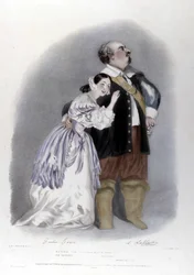 Vincenzo Bellini作「The Puritans」（I puiritani）の第3幕でのGiulia GrisiとLuigi Lablache。リトグラフはR.J.レーンによるもの。1835