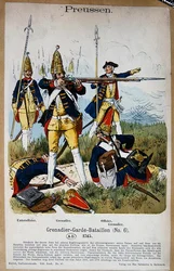 1745年のプロイセンの擲弾兵と将校、1890年頃（カラーリトグラフ）