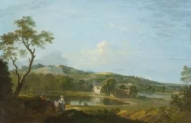 1744-1745年頃の湖の近くのコテージのある広大な風景（キャンバスに油彩）