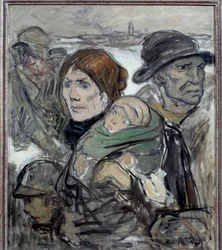 The exodus 道路を走る移民の家族。ロベール・ノワール（1864-1931）の絵画 20世紀 ヴァーノン、プーラン美術館蔵