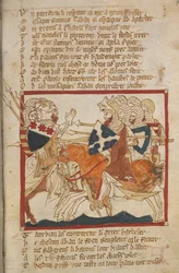 Egerton 3028 f.98 彼らは、彼らに会うために送られたサラセン人を打ち負かします。 La Destruction de Rome; Fierabras