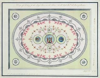 ヘッドフォートハウス、1772年、レディースルームの天井のデザイン（トイレットペーパー、グラファイト上のペンとインク）